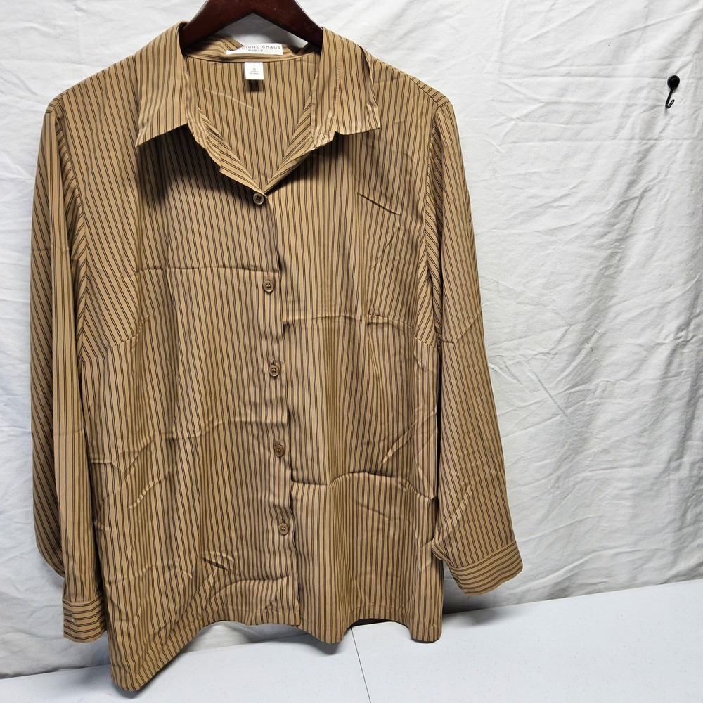 Josephine‎ Chaus Button Up Shirt Women 22 Tan Brown Striped Long Sleeve Office